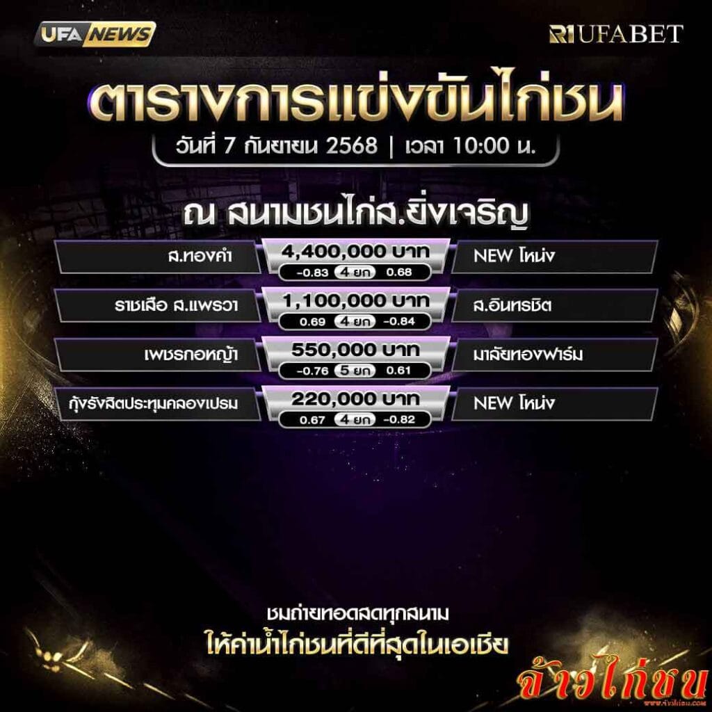 ตารางไก่ชน-วันที่-07-09-2568-โปรแกรม-สนามชนไก่ส.ยิ่งเจริญ