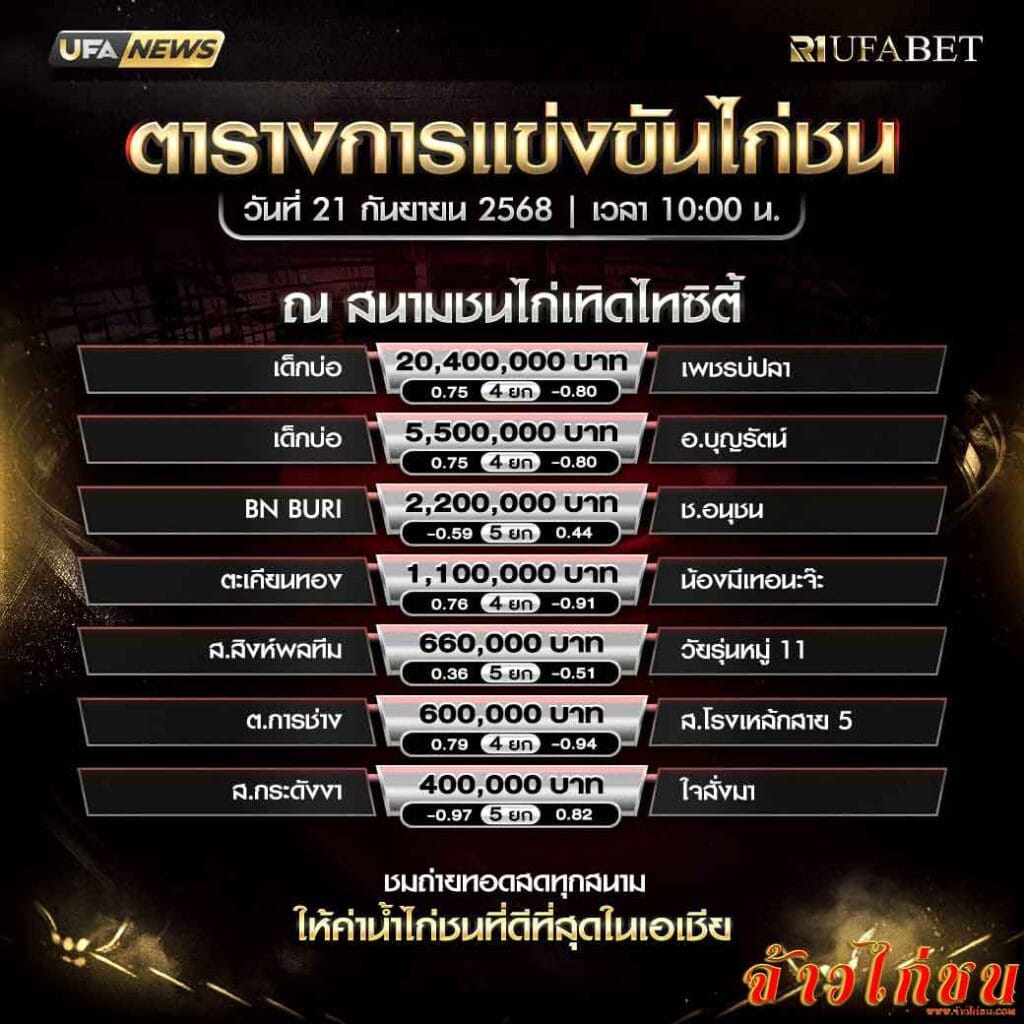 ตารางไก่ชน-วันที่-21-09-2568-โปรแกรม-สนามชนไก่เทิดไทยซิตี้