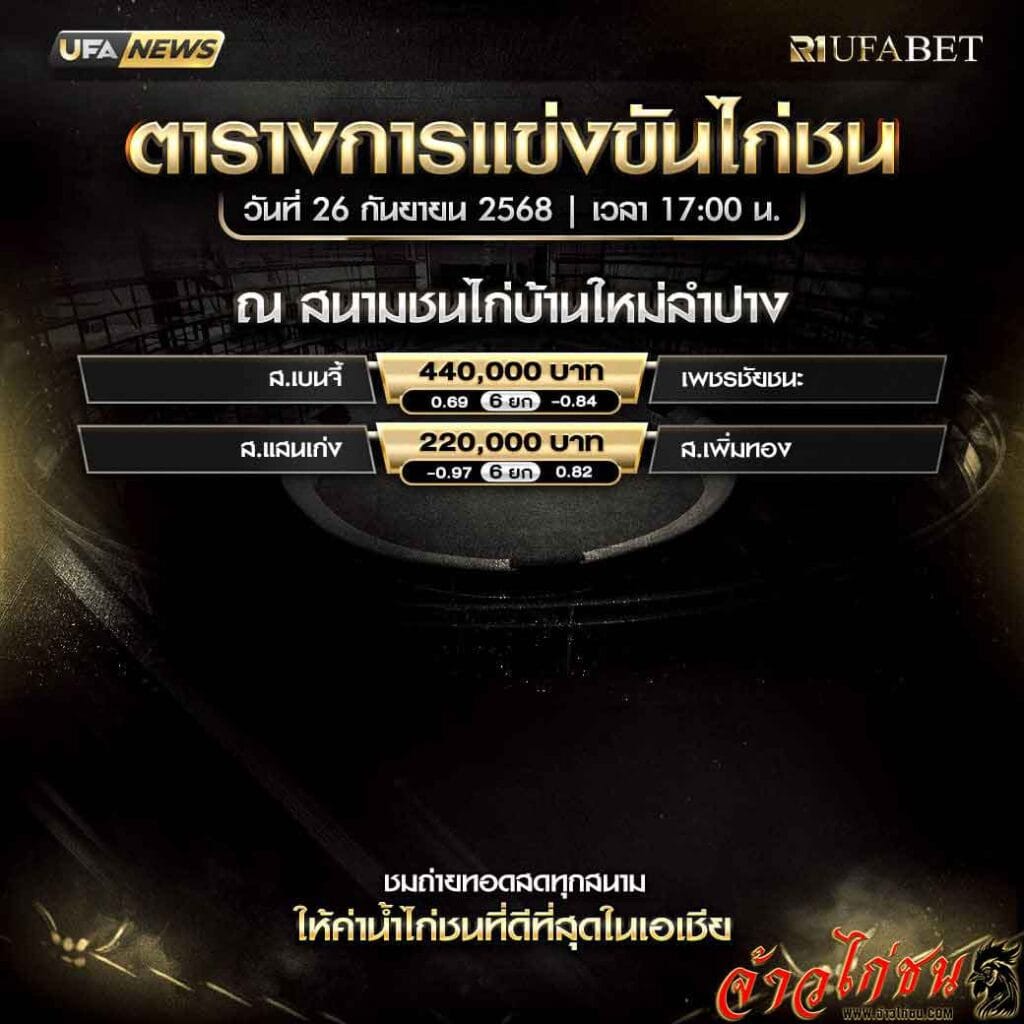 ตารางไก่ชน-วันที่-26-09-2568-โปรแกรม-สนามชนไก่บ้านใหม่ลำปาง