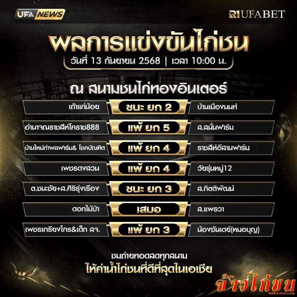 สรุปผลไก่ชน-วันที่-13--09-2568-สนามชนไก่ทองอินเตอร์