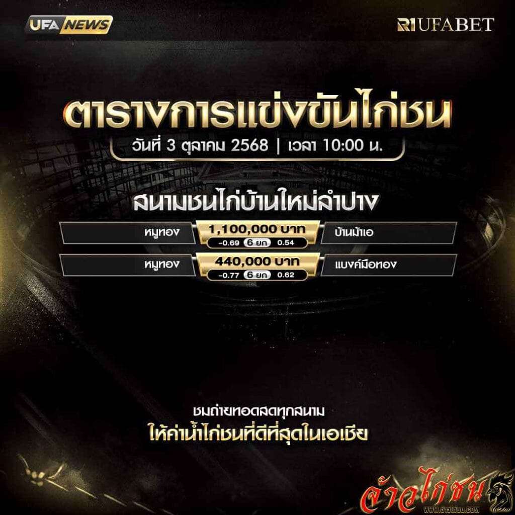 ตารางไก่ชน-วันที่-3-10-2568-โปรแกรม-สนามชนไก่บ้านใหม่ลำปาง
