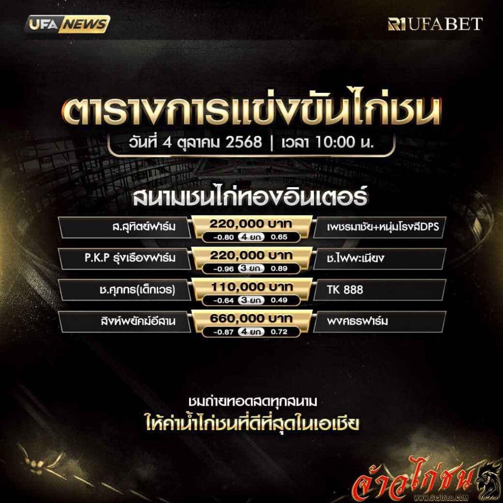 ตารางไก่ชน วันที่ 4/10/2568 โปรแกรม สนามชนไก่ทองอินเตอร์