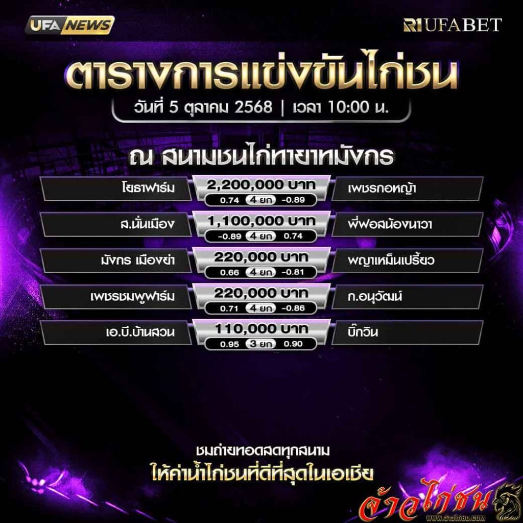 ตารางไก่ชน-วันที่-5-10-2568-โปรแกรม-สนามชนไก่ทายาทมังกร