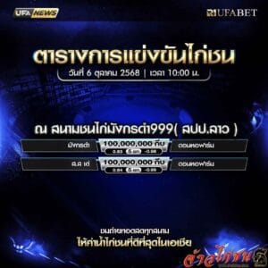 ตารางไก่ชน-วันที่-6-10-2568-โปรแกรม-สนามชนไก่มังกรดำ999(สปป.ลาว)