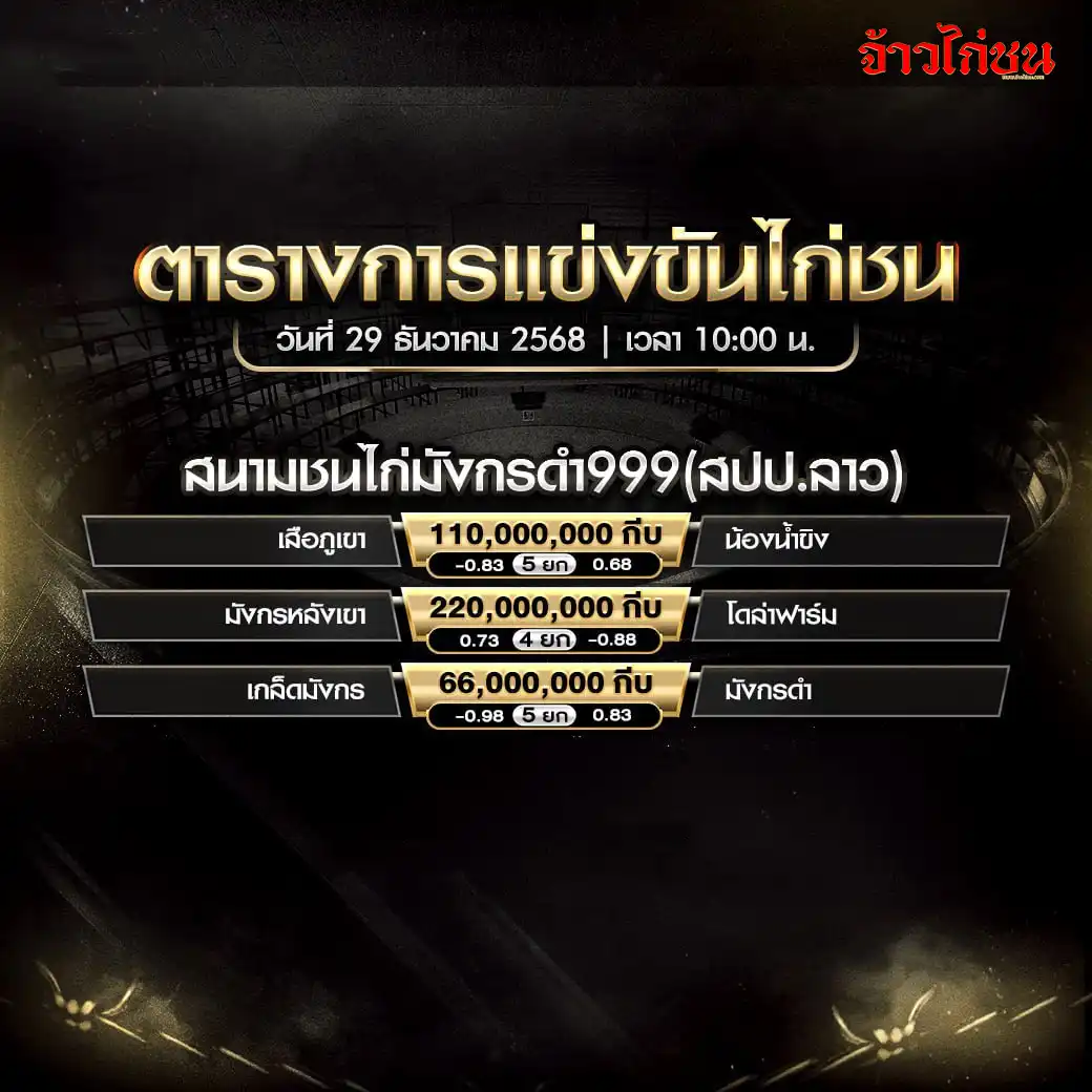 ตารางโปรแกรมไก่ชน สนามชนไก่มังกรดำ999 สปป.ลาว 29 ธันวาคม 2568