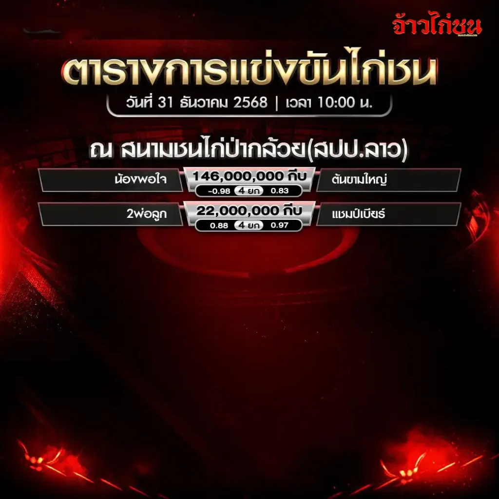 ตารางการแข่งขันไก่ชน สนามชนไก่ป่ากล้วย สปป.ลาว วันที่ 31 ธันวาคม 2568