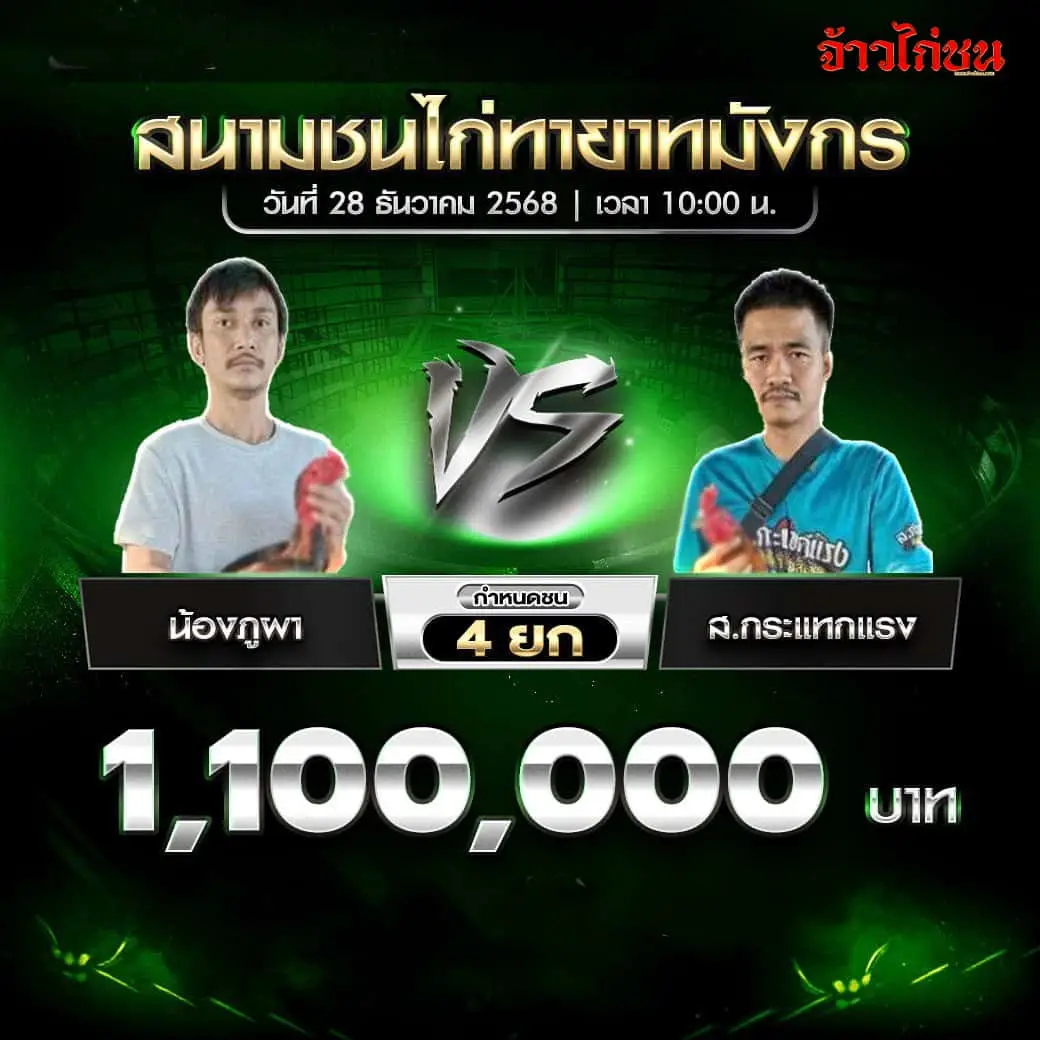 ตารางการแข่งขันไก่ชน สนามชนไก่ทายาทมังกร วันที่ 28 ธันวาคม 2568 เริ่ม 10:00 น. รวมทุกคู่เด่น เงินเดิมพันครบ อัปเดตจากสนามจริง
