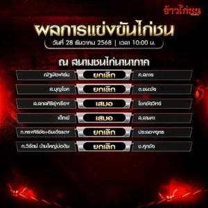สรุปผลไก่ชน สนามชนไก่นานาภาค วันที่ 28 ธันวาคม 2568 เวลา 10:00 น.
