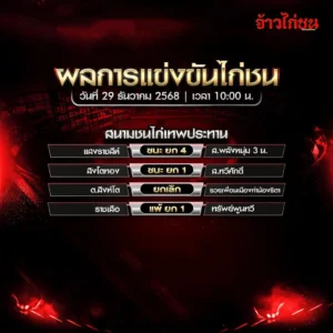 สรุปผลไก่ชน สนามชนไก่เทพประทาน วันที่ 29 ธันวาคม 2568 เวลา 10:00 น.