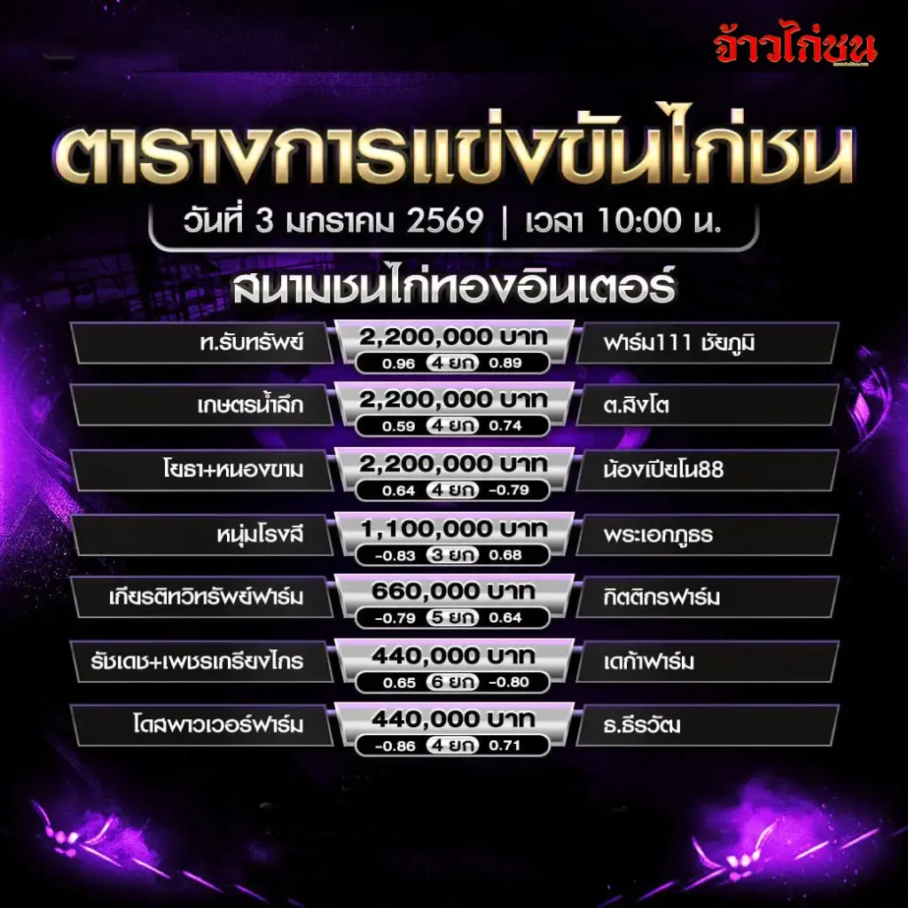 ตารางการแข่งขันไก่ชน สนามชนไก่ทองอินเตอร์ 3 มกราคม 2569