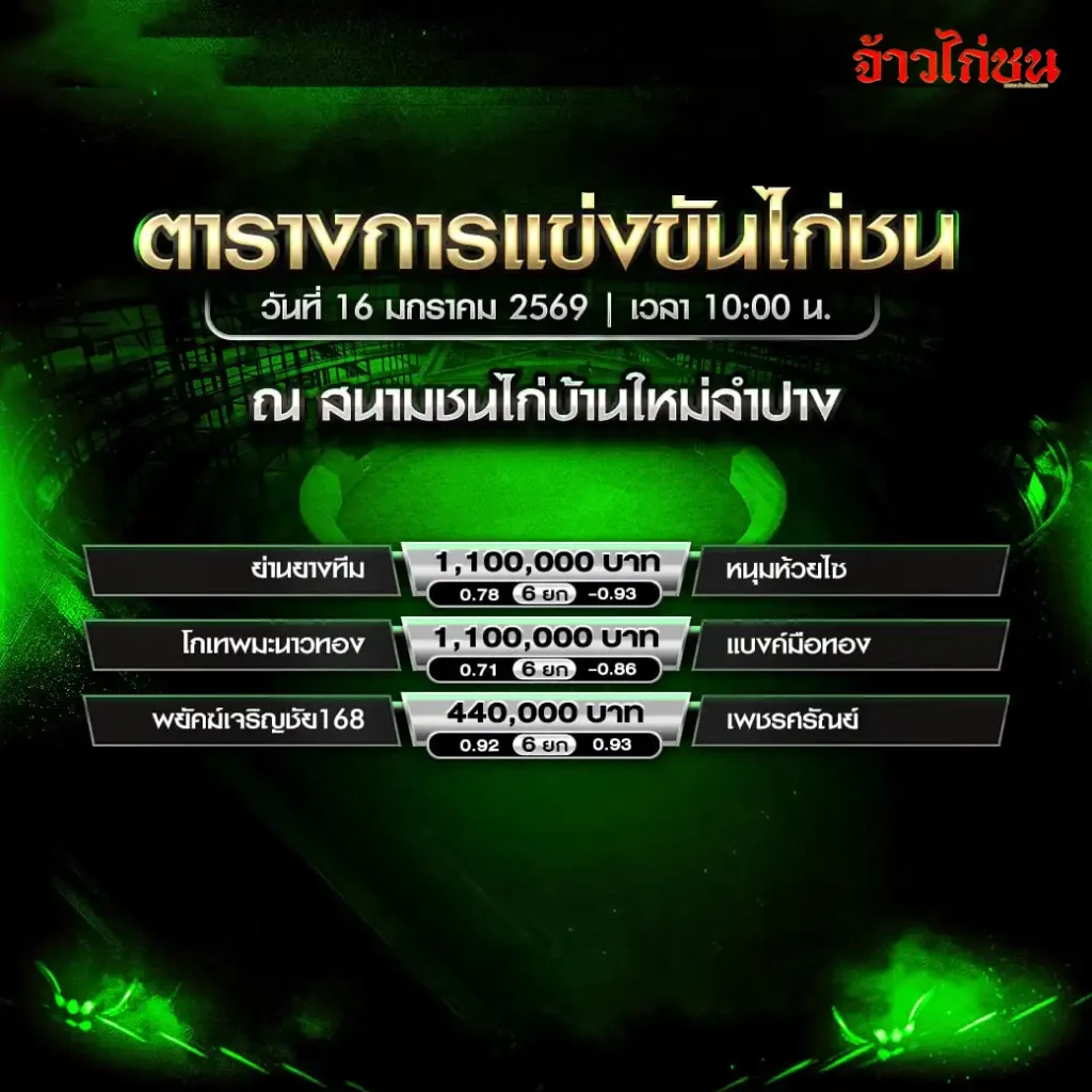 ตารางการแข่งขันไก่ชน สนามชนไก่บ้านใหม่ลำปาง วันที่ 16 มกราคม 2569
