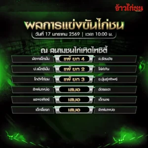 สรุปผลไก่ชน สนามชนไก่เทิดไทซิตี้ วันที่ 17 มกราคม 2569 เวลา 10:00 น.