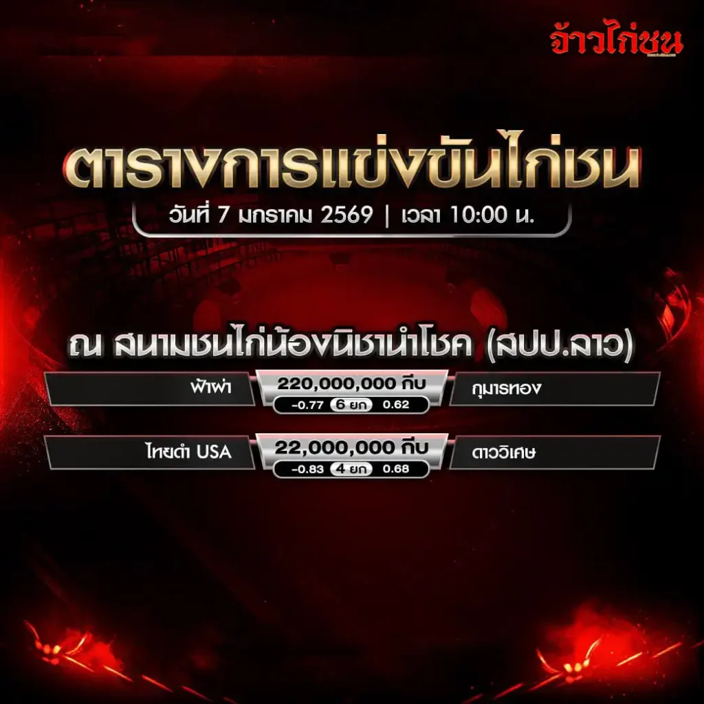 โปรแกรมไก่ชน สนามชนไก่น้องนิชานาโชค วันที่ 7 มกราคม 2569 คู่เอก 220 ล้านกีบ