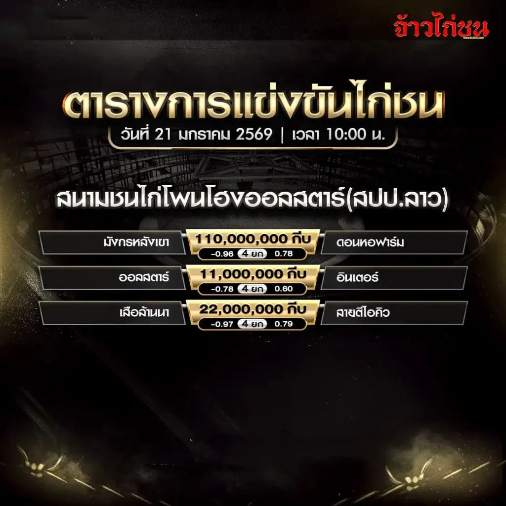 ตารางการแข่งขันไก่ชน สนามชนไก่โพนโอ่งออคสตาร์ สปป.ลาว 21 มกราคม 2569