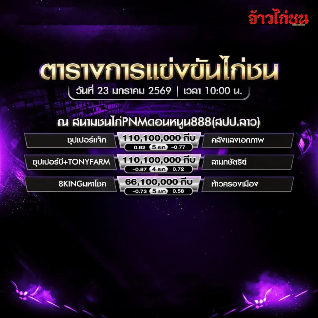 ตารางการแข่งขันไก่ชน สนามชนไก่ PNM ดอนหนูน 888 วันที่ 23 มกราคม 2569