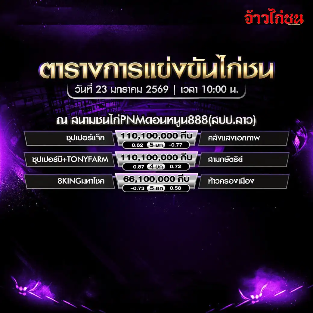 ตารางการแข่งขันไก่ชน สนามชนไก่ PNM ดอนหนูน 888 วันที่ 23 มกราคม 2569