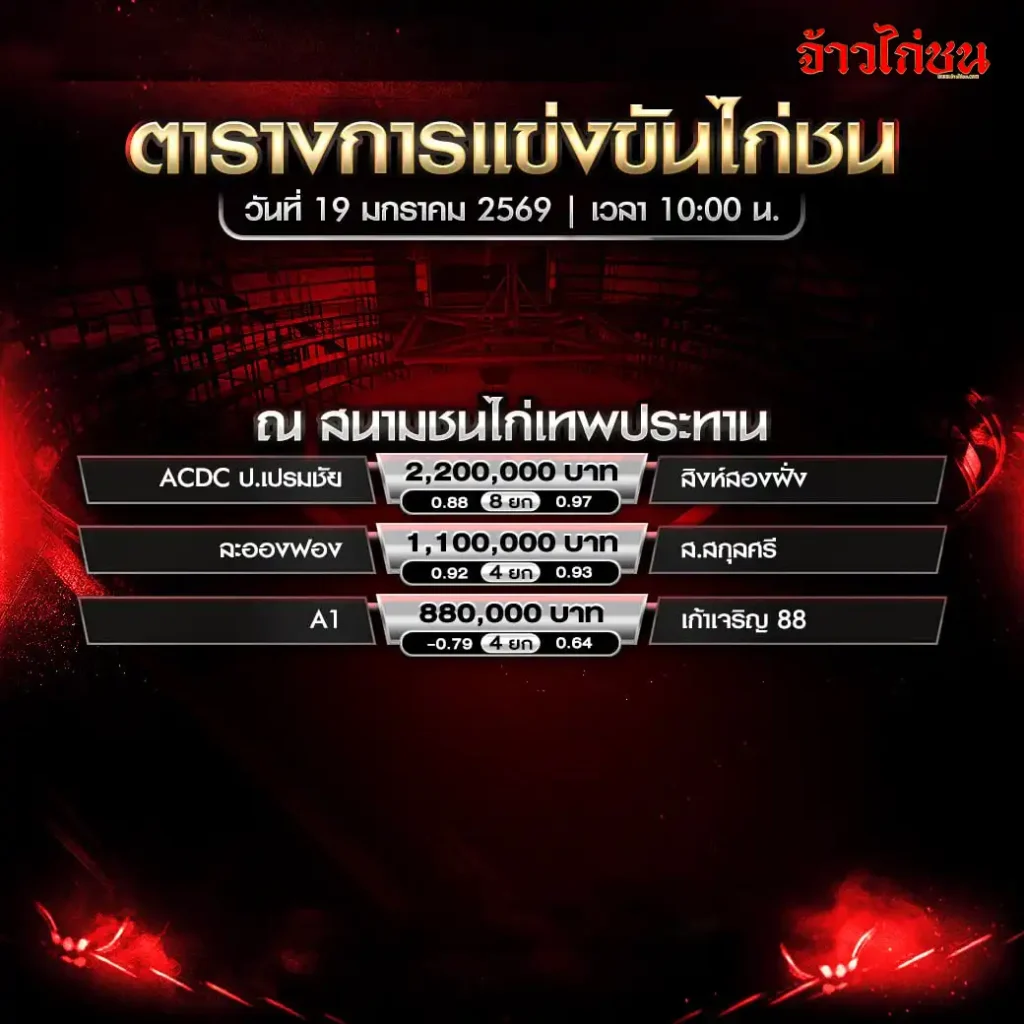 ตารางการแข่งขันไก่ชน สนามชนไก่เทพประทาน วันที่ 19 มกราคม 2569