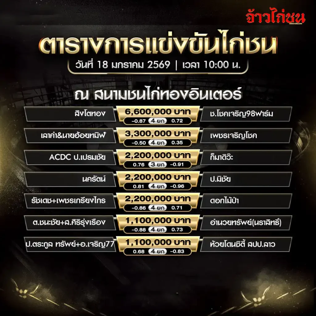 ตารางการแข่งขันไก่ชน สนามชนไก่ทองอินเตอร์ วันที่ 18 มกราคม 2569