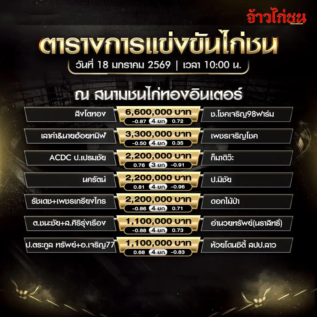 ตารางการแข่งขันไก่ชน สนามชนไก่ทองอินเตอร์ วันที่ 18 มกราคม 2569