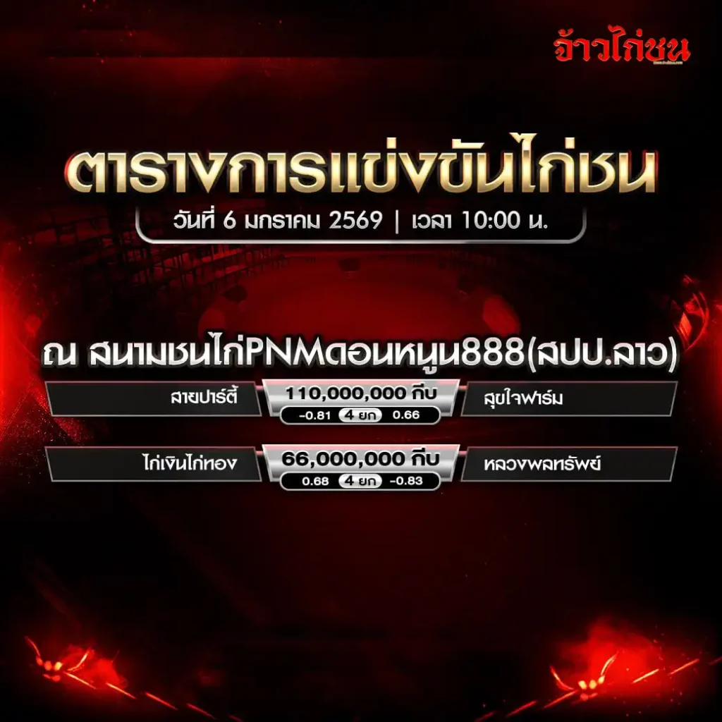 ตารางการแข่งขันไก่ชน สนามชนไก่ PNM ดอนหนูน 888 วันที่ 6 มกราคม 2569 สปป.ลาว