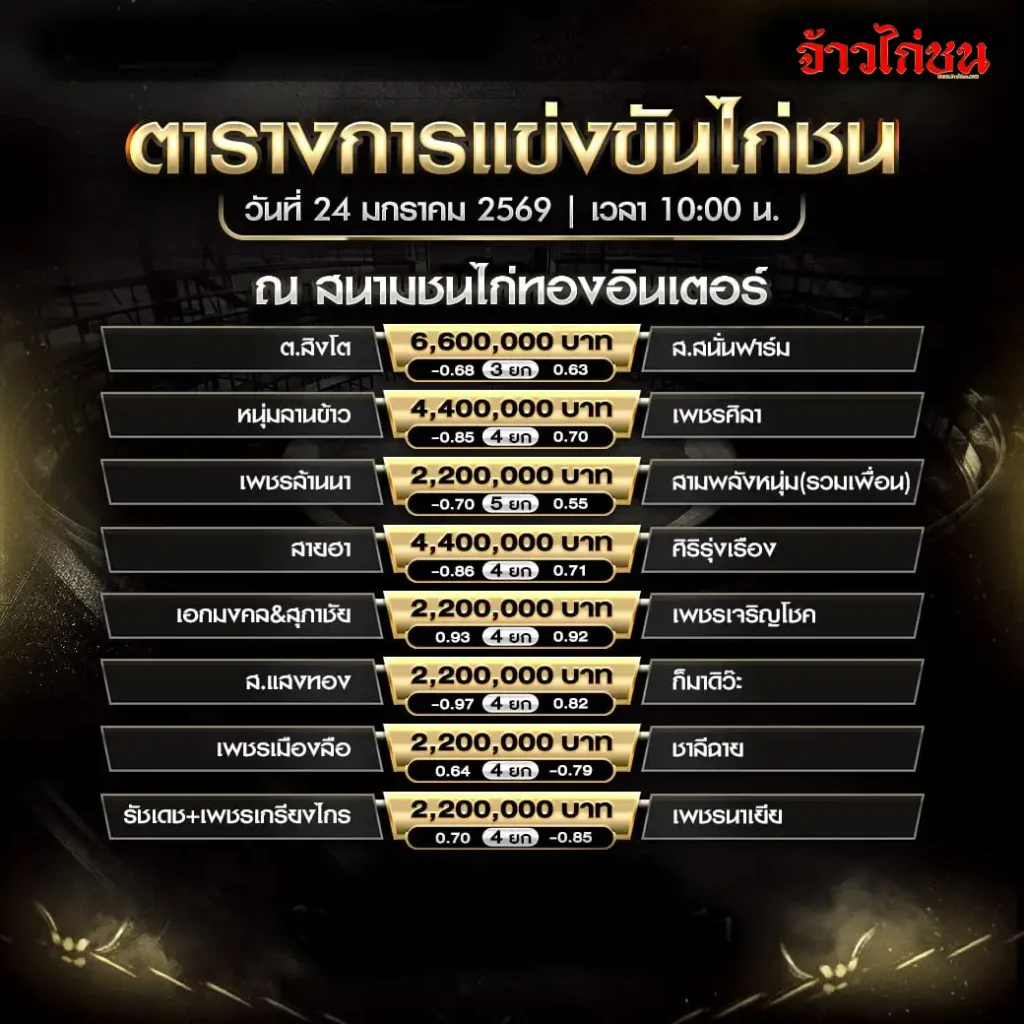 ตารางการแข่งขันไก่ชน สนามชนไก่ทองอินเตอร์ วันที่ 24 มกราคม 2569
