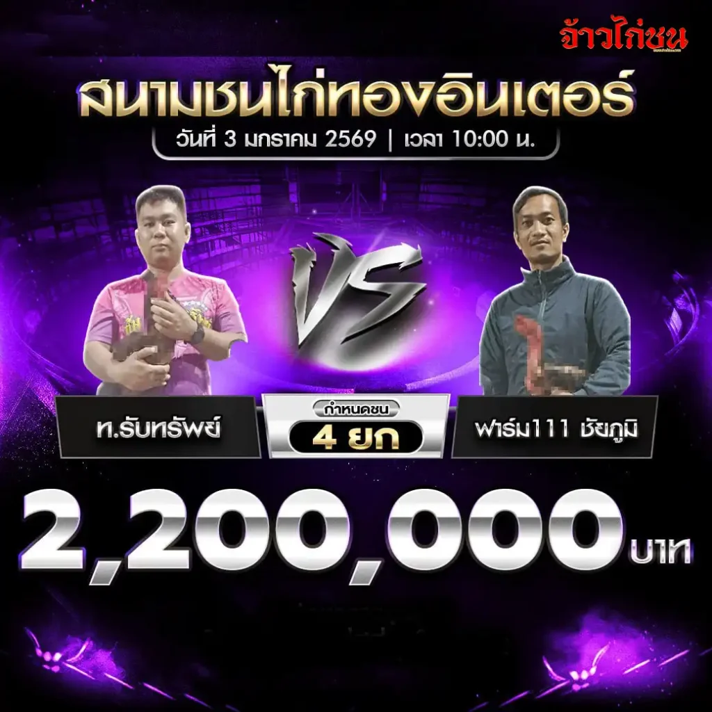 โปรแกรมการแข่งขันไก่ชน สนามชนไก่ทองอินเตอร์ วันที่ 3 มกราคม 2569 เริ่มเวลา 10:00 น.