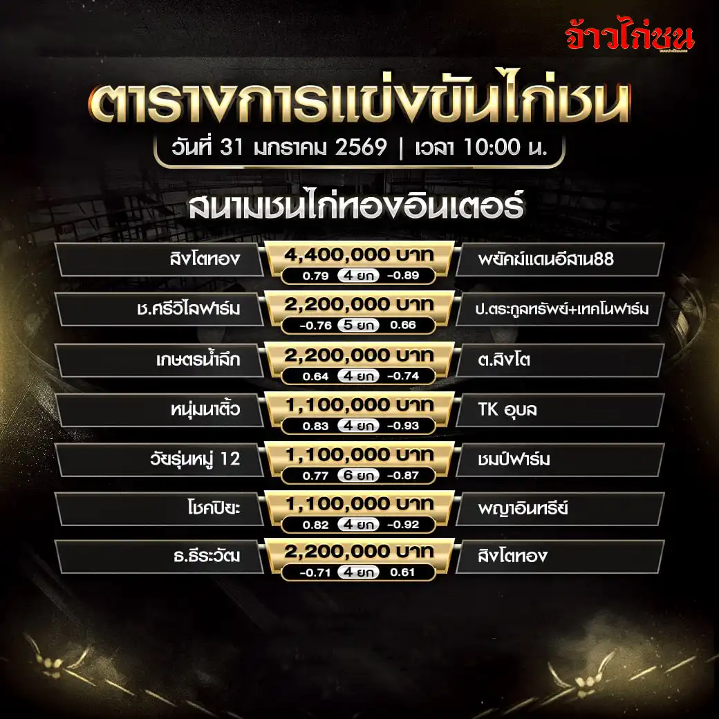 ตารางการแข่งขันไก่ชน สนามชนไก่ทองอินเตอร์ วันที่ 31 มกราคม 2569