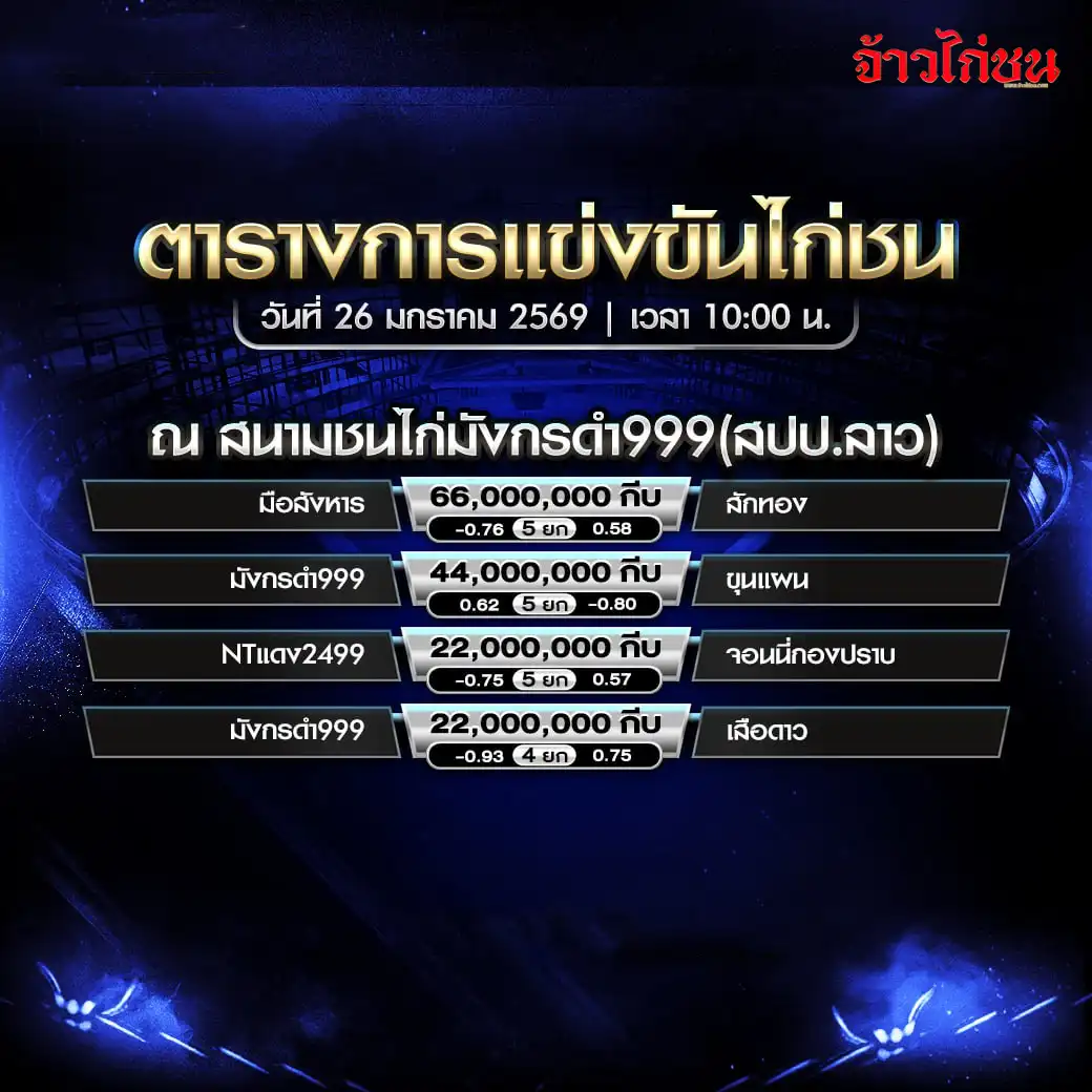 ตารางการแข่งขันไก่ชน สนามชนไก่มังกรดำ999 วันที่ 26 มกราคม 2569