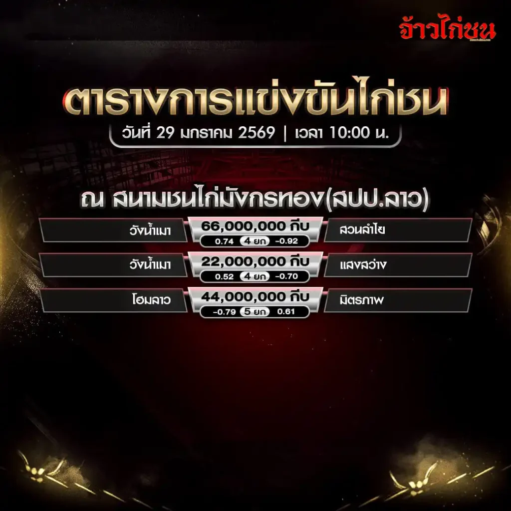 ตารางการแข่งขันไก่ชน สนามชนไก่มั่งกรทอง วันที่ 29 มกราคม 2569