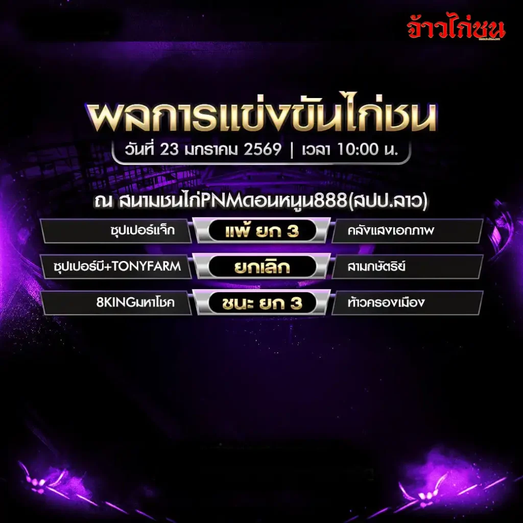 สรุปผลไก่ชน สนามชนไก่ PNM ดอนหนูน 888 วันที่ 23 มกราคม 2569