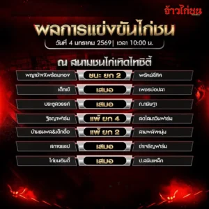สรุปผลไก่ชน สนามชนไก่เทิดไทซิตี้ วันที่ 4 มกราคม 2569