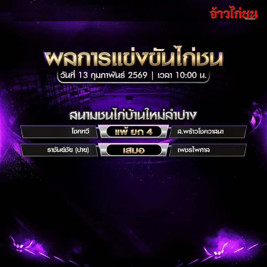 สรุปผลไก่ชน สนามชนไก่บ้านใหม่ลำปาง วันที่ 13 กุมภาพันธ์ 2569