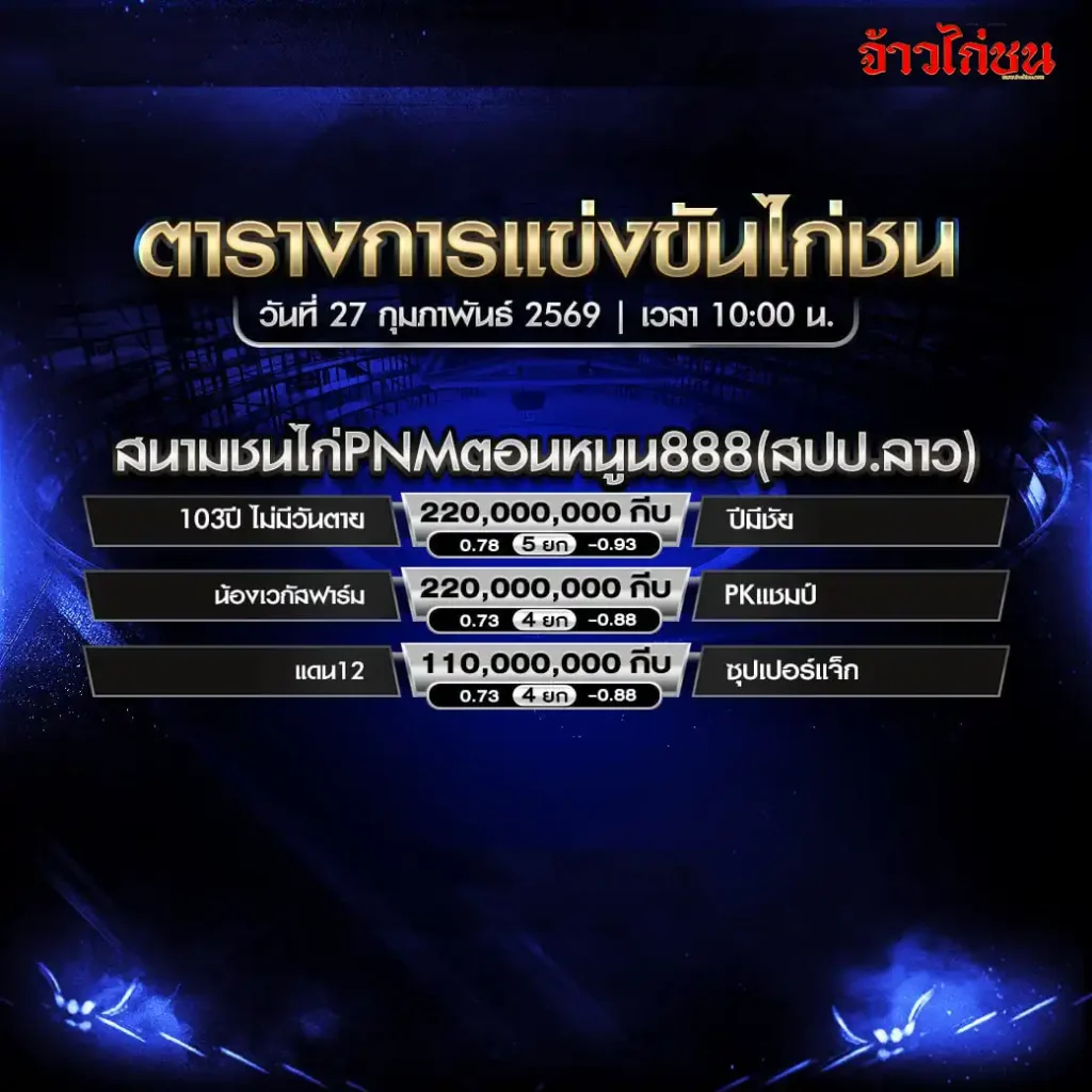 ตารางการแข่งขันไก่ชน PNM ดอนหนูน 888 วันที่ 27 กุมภาพันธ์ 2569 เงินรางวัลสูงสุด 220,000,000 กีบ