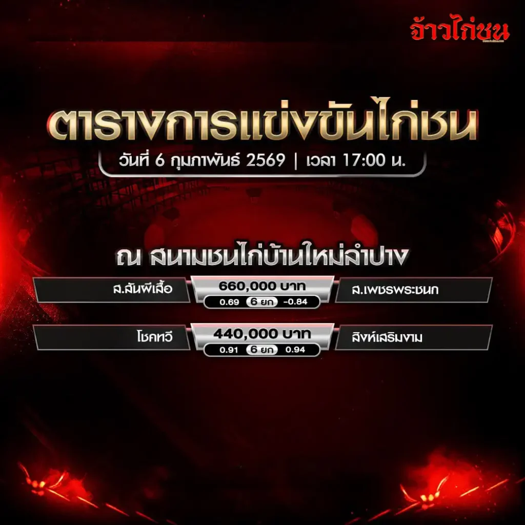 ตารางการแข่งขันไก่ชน สนามชนไก่บ้านใหม่ลำปาง วันที่ 6 กุมภาพันธ์ 2569