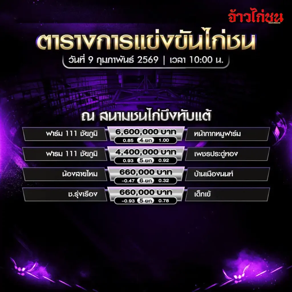 ตารางการแข่งขันไก่ชน สนามชนไก่บึงทับแต้ วันที่ 9 กุมภาพันธ์ 2569