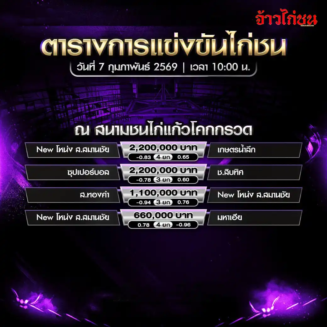 ตารางการแข่งขันไก่ชน สนามชนไก่แก้วโคกกรวด วันที่ 7 กุมภาพันธ์ 2569