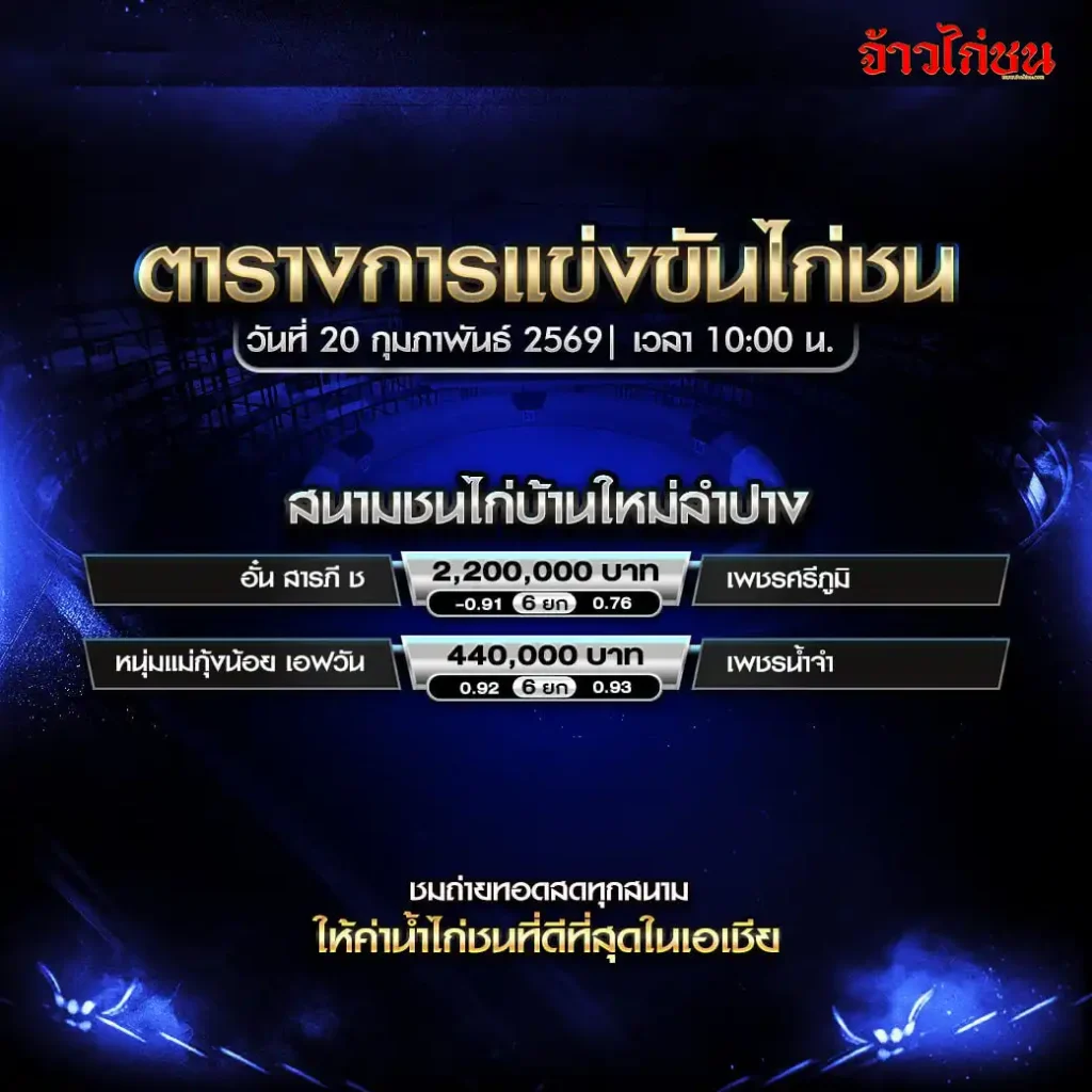 โปรแกรมไก่ชน สนามชนไก่บ้านใหม่ลำปาง วันที่ 20 กุมภาพันธ์ 2569