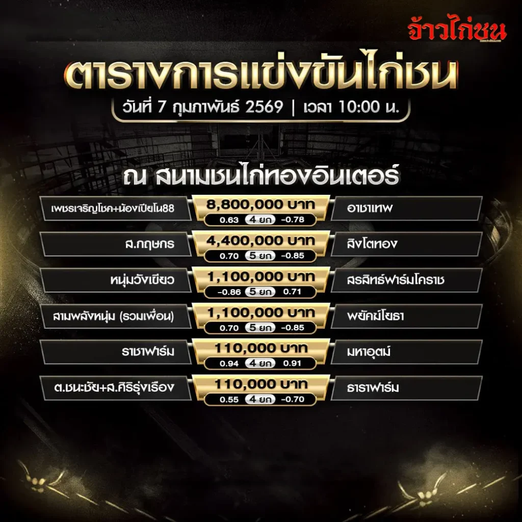 ตารางการแข่งขันไก่ชน สนามชนไก่ทองอินเตอร์ วันที่ 7 กุมภาพันธ์ 2569