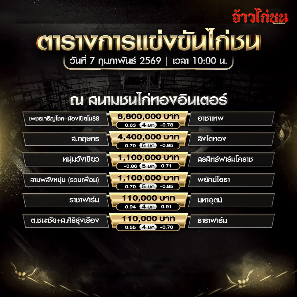 ตารางการแข่งขันไก่ชน สนามชนไก่ทองอินเตอร์ วันที่ 7 กุมภาพันธ์ 2569