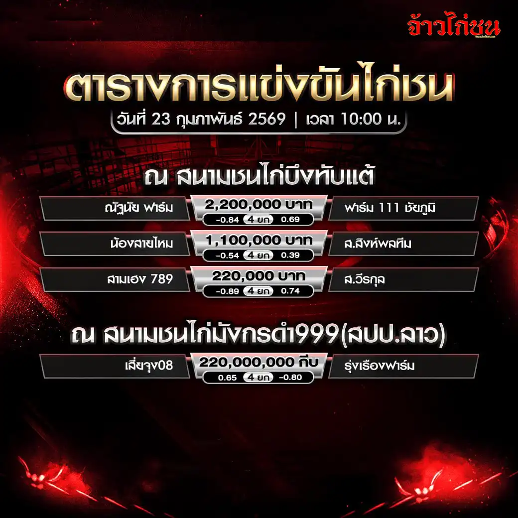 โปรแกรมไก่ชน สนามชนไก่บึงทับแต้ วันที่ 23 กุมภาพันธ์ 2569