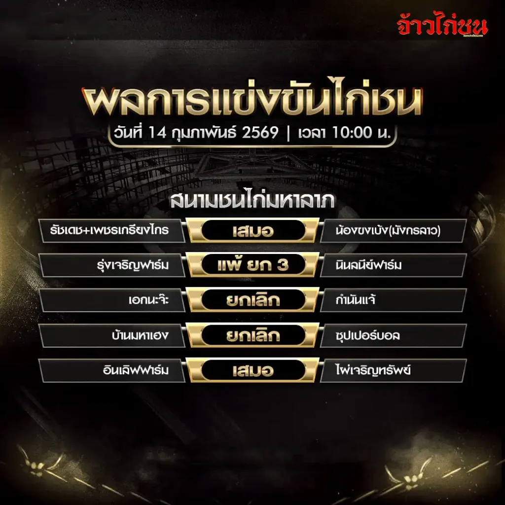 สรุปผลไก่ชน สนามชนไก่มหาลาภ วันที่ 14 กุมภาพันธ์ 2569