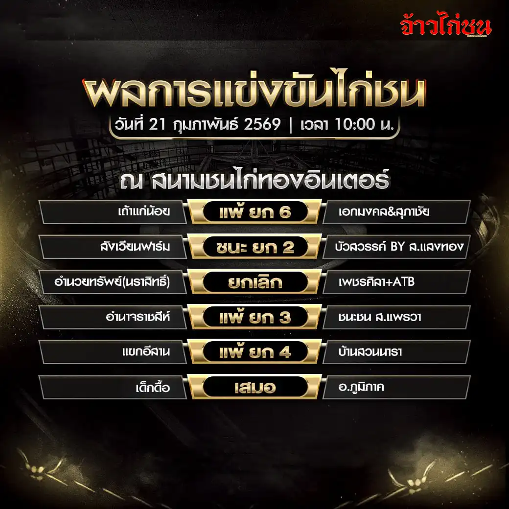 สรุปผลไก่ชน สนามชนไก่ทองอินเตอร์ 21 กุมภาพันธ์ 2569 ใบโปรแกรมการแข่งขัน