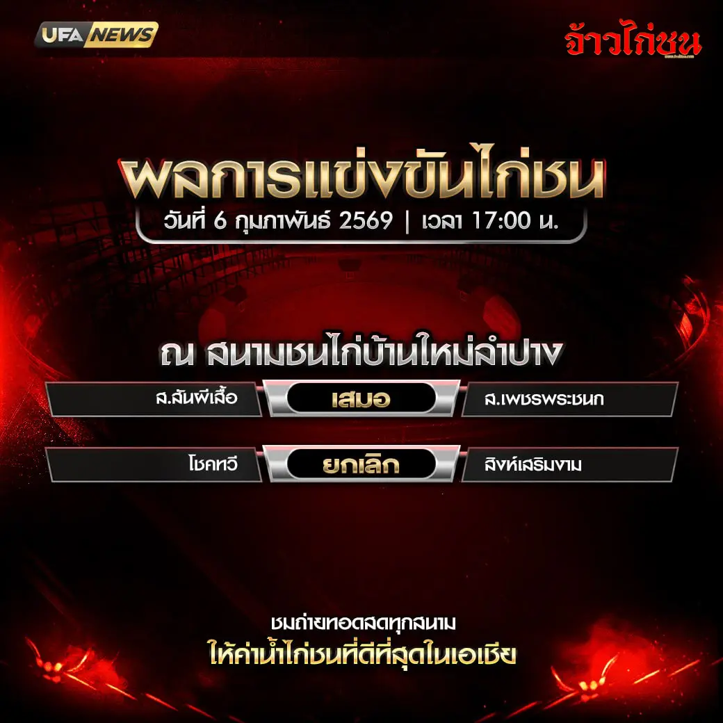 สรุปผลไก่ชน สนามชนไก่บ้านใหม่ลำปาง วันที่ 6 กุมภาพันธ์ 2569