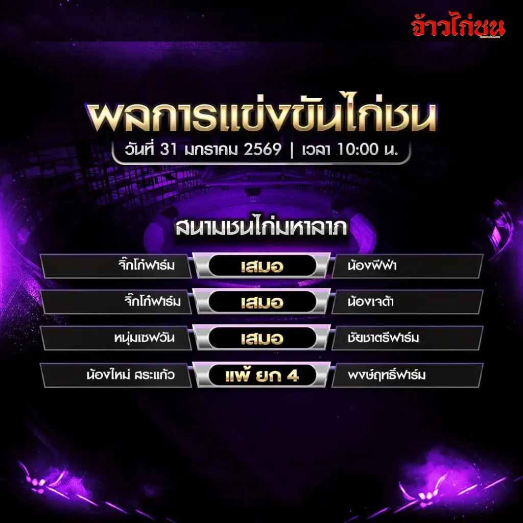 สรุปผลการแข่งขันไก่ชน สนามชนไก่มหาลาภ วันที่ 31 มกราคม 2569