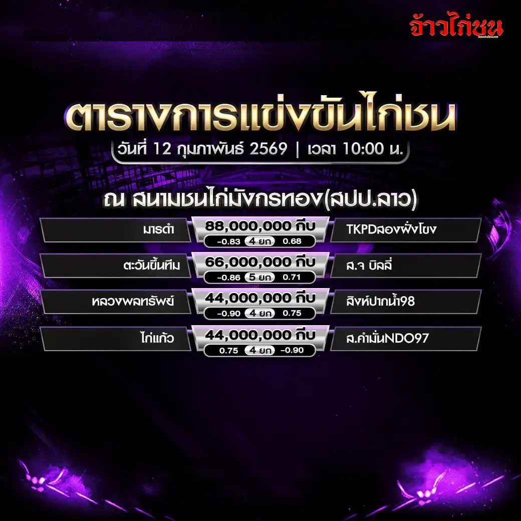 ตารางการแข่งขันไก่ชน สนามชนไก่มังกรทอง วันที่ 12 กุมภาพันธ์ 2569