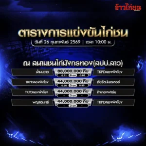 ตารางการแข่งขันไก่ชน สนามชนไก่มังกรทอง สปป.ลาว 26 กุมภาพันธ์ 2569 ใบโปรแกรมการแข่งขัน