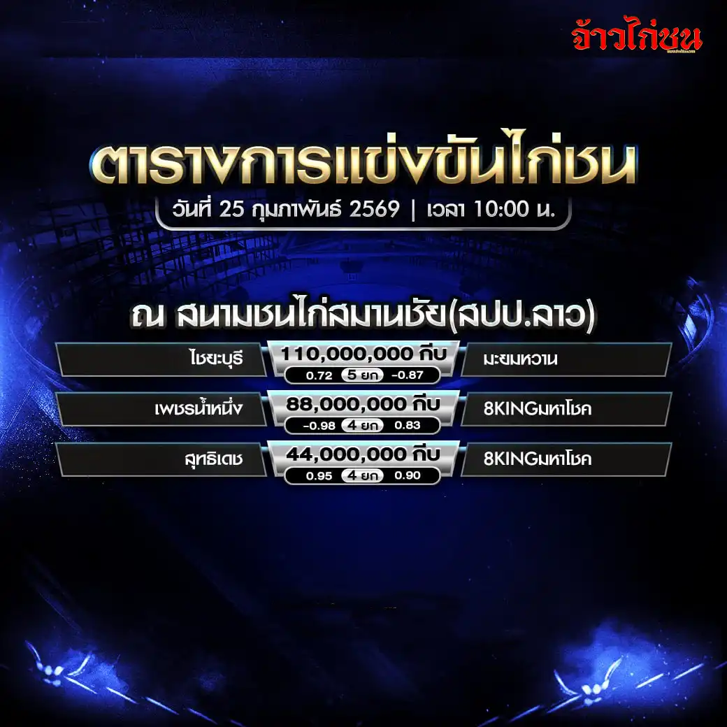 โปรแกรมไก่ชน สนามชนไก่สมานชัย สปป.ลาว 25 กุมภาพันธ์ 2569 ตารางชน 3 คู่ เงินรางวัล 110 88 44 ล้านกีบ
