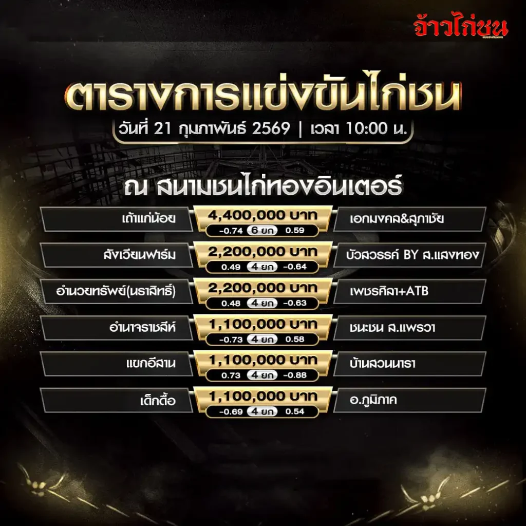 โปรแกรมไก่ชน สนามชนไก่ทองอินเตอร์ วันที่ 21 กุมภาพันธ์ 2569 เวลา 10:00 น.