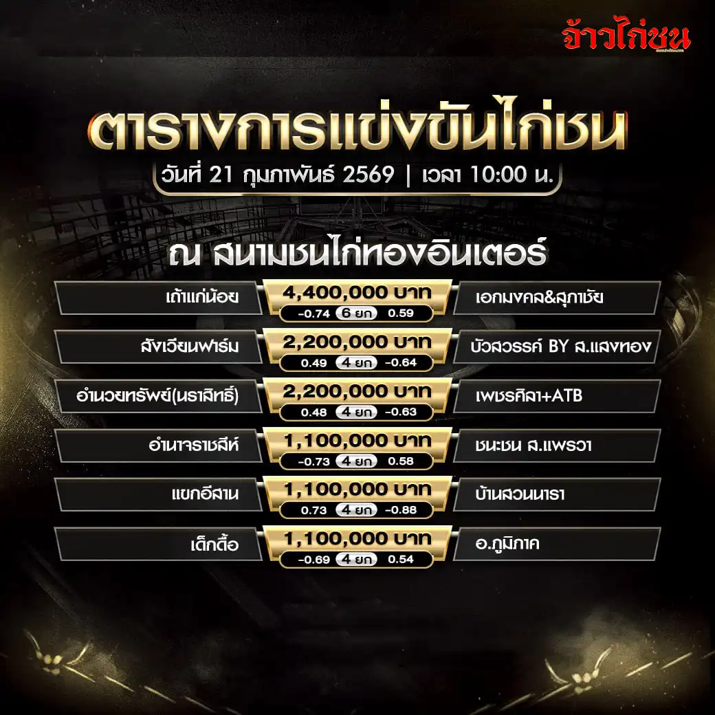 โปรแกรมไก่ชน สนามชนไก่ทองอินเตอร์ วันที่ 21 กุมภาพันธ์ 2569 เวลา 10:00 น.