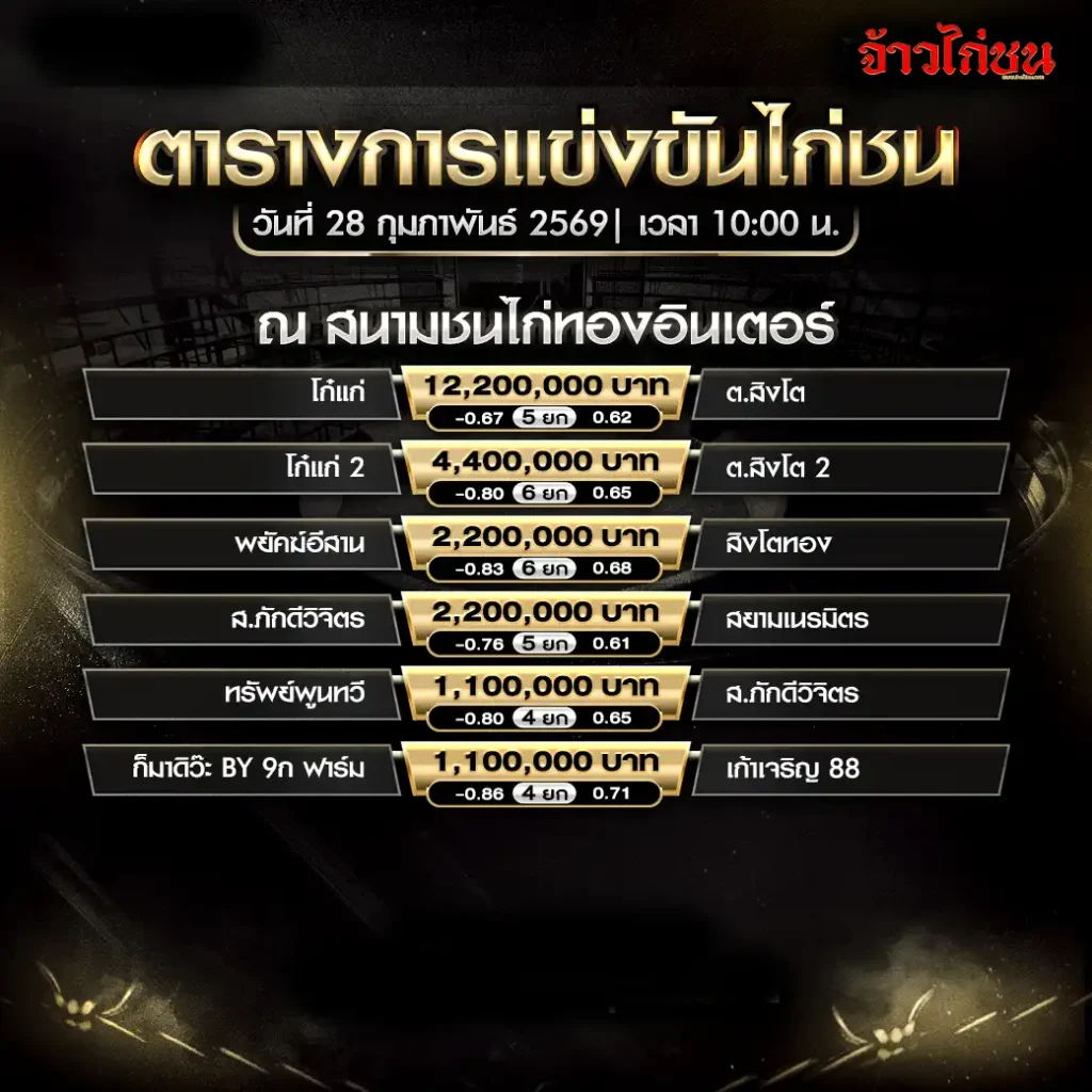 ตารางการแข่งขันไก่ชน สนามชนไก่ทองอินเตอร์ วันที่ 28 กุมภาพันธ์ 2569